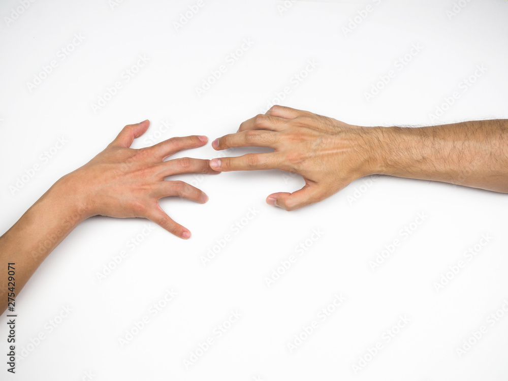 Two hands reaching together on white background Two hands reaching together on white background