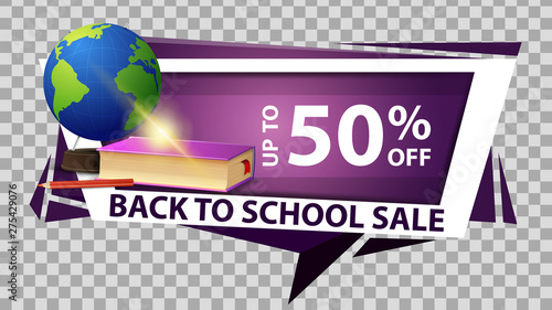 Back to school sale, discount web banner in geometric style with globe and school textbooks