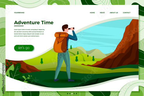 Vector illustration - travel man with binoculars looking on mountains, meadows, trees on background. Banner, site, poster template with place for your text.