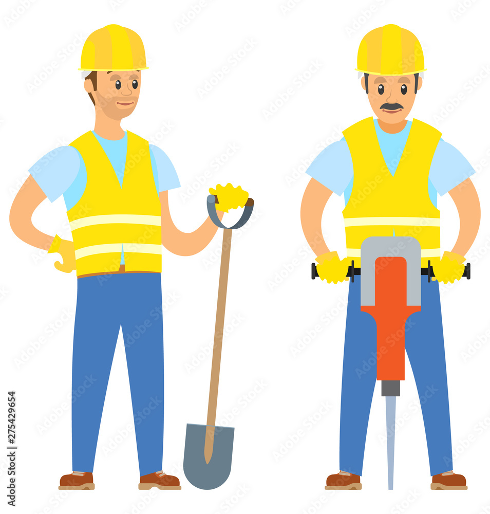 Workers wearing vest and helmet holding shovel and electric jackhammer, portrait view of men in working clothes standing with renovate equipments vector Workers wearing vest and helmet holding shovel and electric jackhammer, portrait view of men in working clothes standing with renovate equipments vector