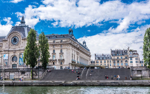 France, 7th arrondissement of Paris, quai Anatole France, wooden stairs between the musee d'Orsay and the Seine river photo