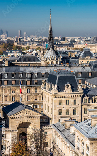 France, Paris, 4th arrondissement, Ile de la Cite, view on the Prefecture de Police (Police headquarters) and of the Sainte-Chapelle, from the Cathedral Notre Dame photo