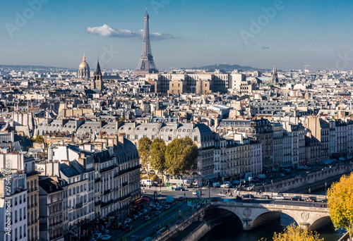 France, Paris 6th and 7th arrondissement, from the towers of the Cathedral Notre-Dame, view on the Pont Saint Michel, the bell tower of the church Saint-Germain-des-Pres, the Dome des Invalides and the Eiffel Tower