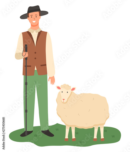 Shepherd with sheep vector, isolated male wearing uniform and hat on head holding wooden stick and tending for sheep, flat style breeding mammal care