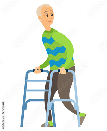 Retired grandparent vector, isolated person using stick, disabled walker. Senior character looking back with smile, active aged male in green sweater
