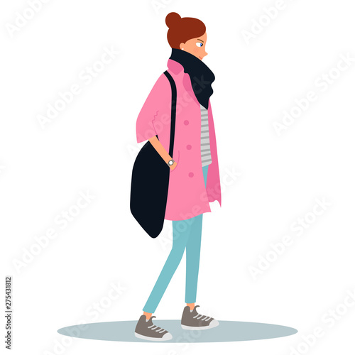 Young woman dressed in coat and holding a bag. Female cartoon character isolated on white background. Street style look. Vector illustration on white background in cartoon style