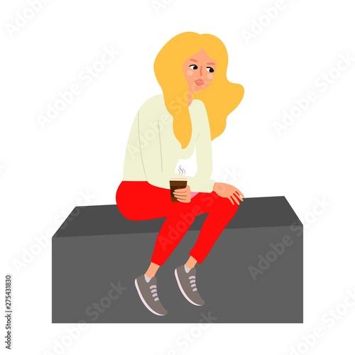 Young girl sits on the curb and drinks coffee. Vector illustration on white background in cartoon style
