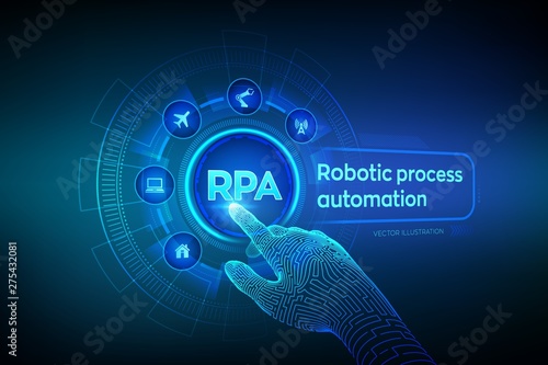 RPA Robotic process automation innovation technology concept on virtual screen. Wireframed robotic hand touching digital graph interface. AI. Artificial intelligence. Vector illustration.