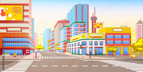 City with skyscrapers and high buildings vector, tall constructions and towers on city street, town advertisements and traffic light with sign for pedestrian crossing, urban cityscape early morning