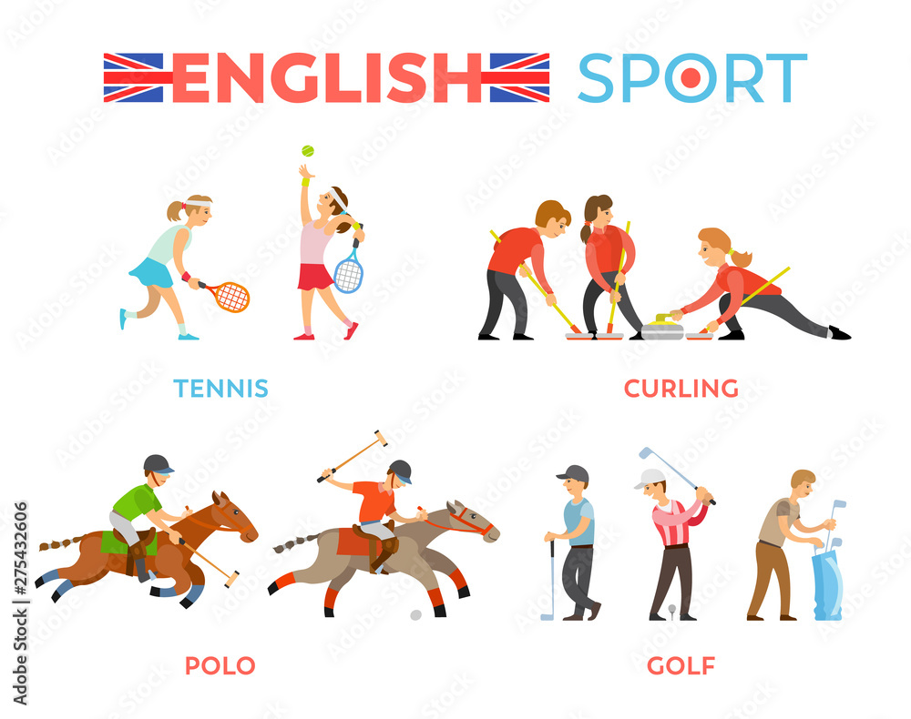 English sport vector, tennis and polo, golf and curling competition among people flat style. Boys and girl leading active lifestyle, animal horses English sport vector, tennis and polo, golf and curling competition among people flat style. Boys and girl leading active lifestyle, animal horses