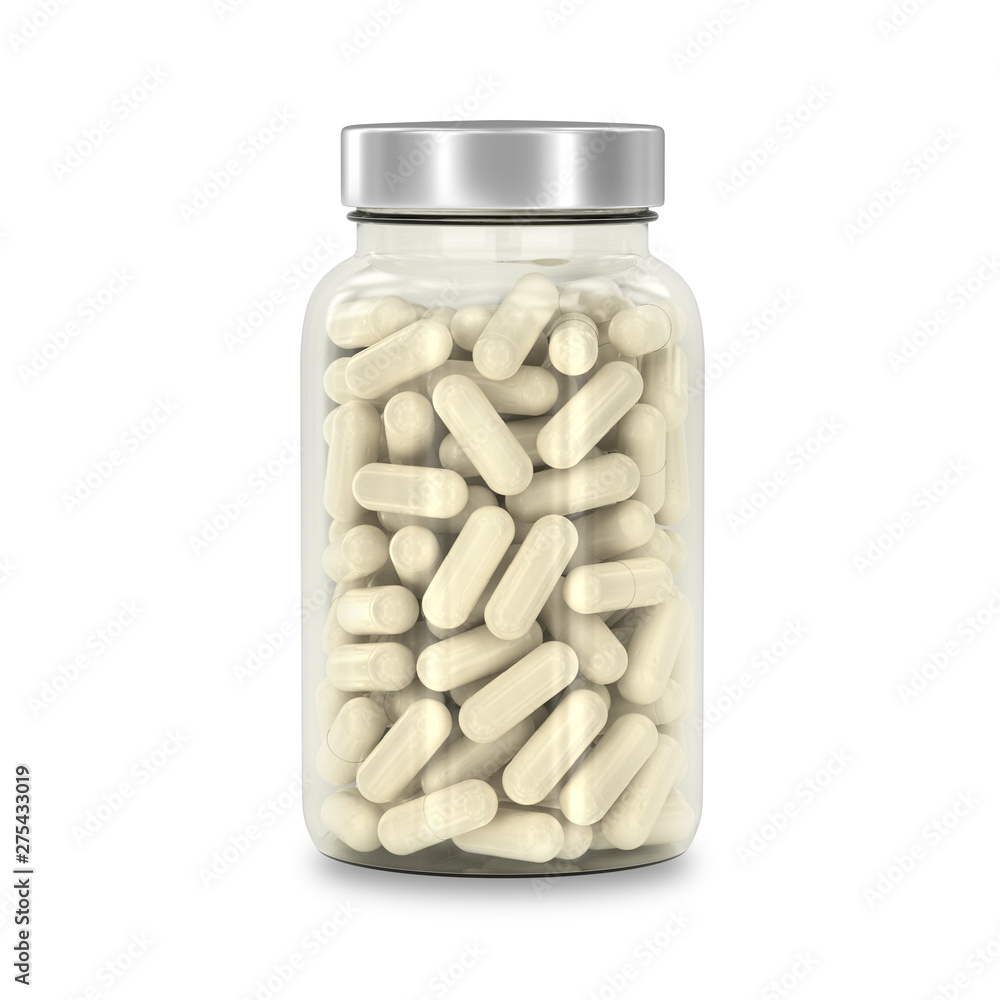 Glass jar with medicines. Bottle of supplement capsules isolated on white. Glass jar with medicines. Bottle of supplement capsules isolated on white.