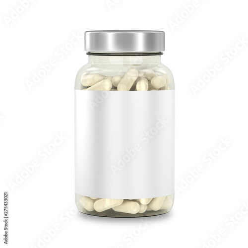 Glass jar with medicines labeled. Bottle of supplement capsules isolated on white. photo