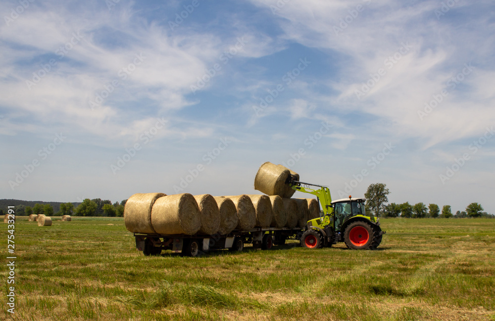 Fototapeta premium tractor loading bales of hay onto a long trailer