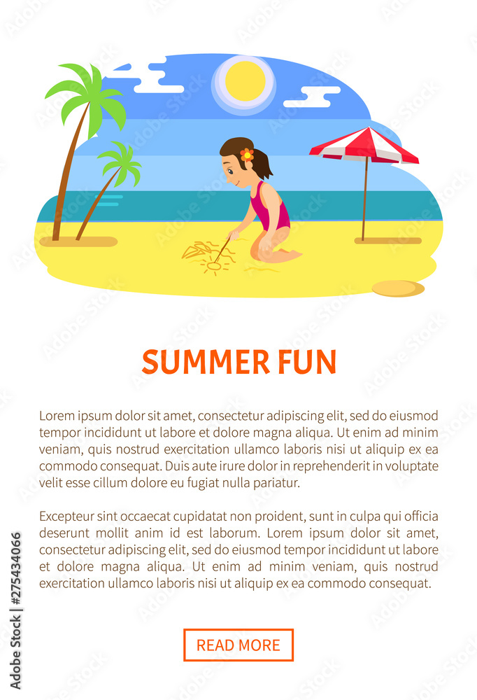 Summer fun, girl sitting and drawing by stick on beach, smiling child in swimsuit. Sunny weather, palm tree and parasol, vacation vector. Website or webpage template, landing page flat style Summer fun, girl sitting and drawing by stick on beach, smiling child in swimsuit. Sunny weather, palm tree and parasol, vacation vector. Website or webpage template, landing page flat style