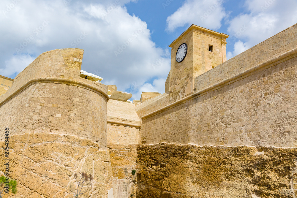 Clock tower in the Cittadella, also known as citadel of Victoria on the island of Gozo, Malta. 