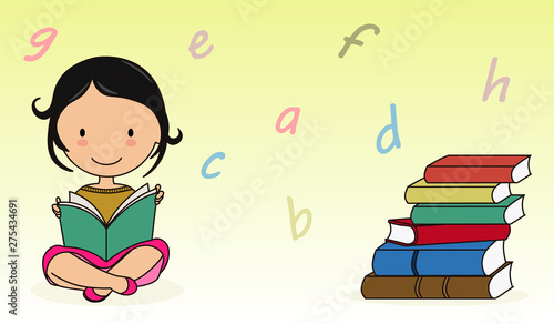 Girl reading a book. Letters background. Space for text