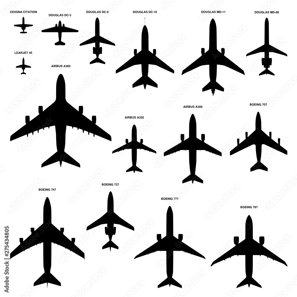 Vector collection of 15 commercial passenger airplanes silhouettes top view isolated on white background. Set of the most famous airliners with the real proportions.  - obrazy, fototapety, plakaty 