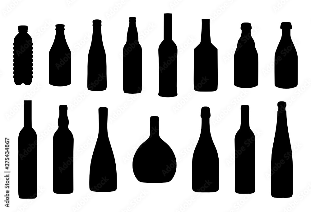 Vector silhouette collection of 15 different bottles for wine, beer and many others, isolated on white background. Editable eps file available. Vector silhouette collection of 15 different bottles for wine, beer and many others, isolated on white background. Editable eps file available.
