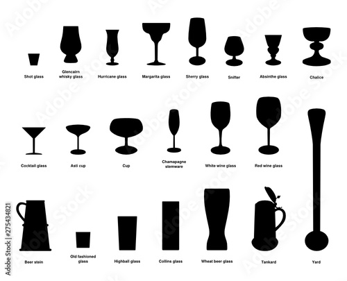 Vector silhouettes collection of the most popular glasses for wine, beer and many others, isolated on white background. Editable eps file available. 