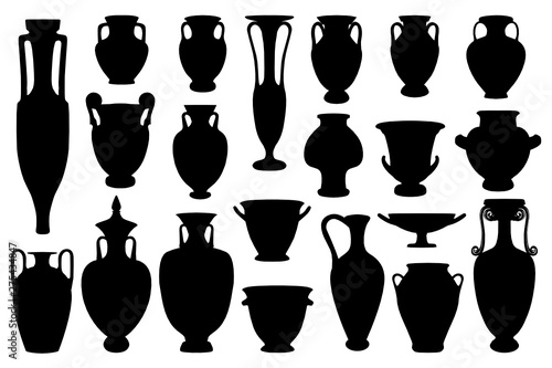 Vector silhouettes collection of 21 ancient greek vases isolated on white background. Eps file available - editable elements for your design. 