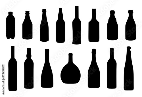Vector silhouette collection of 15 different bottles for wine, beer and many others, isolated on white background. Editable eps file available. 