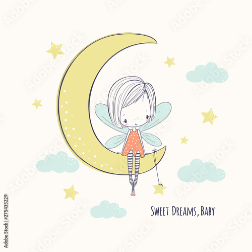 Little fairy girl on the moon. Childish doodle vector illustration