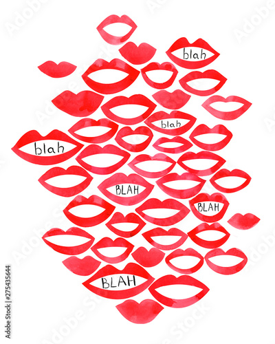 Watercolor illustrations mouth and gossip blah blah blah. Watercolor beautiful red lips.Concept for logo, card, banner, poster, flyer. 