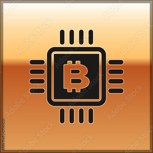 Black CPU mining farm icon isolated on gold background. Bitcoin sign inside microchip. Cryptocurrency mining community. Digital money. Vector Illustration