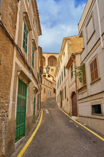 Fototapeta Naklejka Na Ścianę i Meble -  Narrow street with typical houses in historic Arta town on a sunny day, Majorca island, Spain