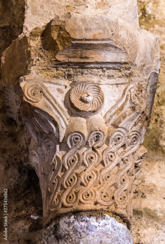 France, Vaucluse, Venasque (Most Beautiful Village in France) Baptistery of the 11th century, capitals adorned with tracery (merovingian period)
