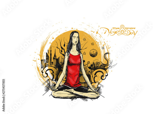 Woman practicing yoga pose, 21st june international yoga day, Hand Draw Sketch Vector Design.
