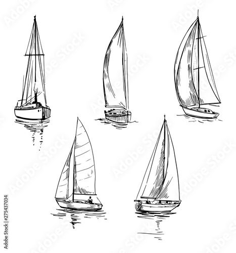 Set of outlines of yachts. Hand drawn illustration converted to vector