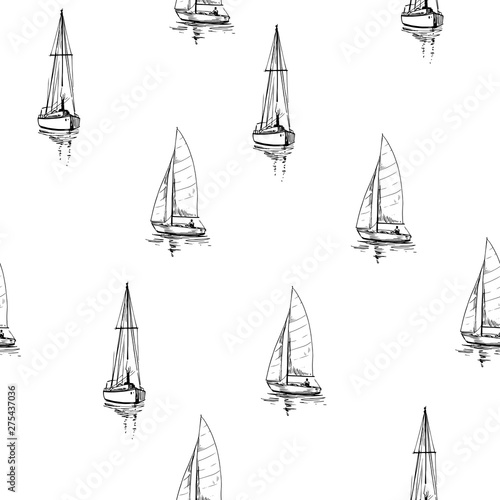 Seamless pattern with outlines of yachts. Hand drawn illustration converted to vector