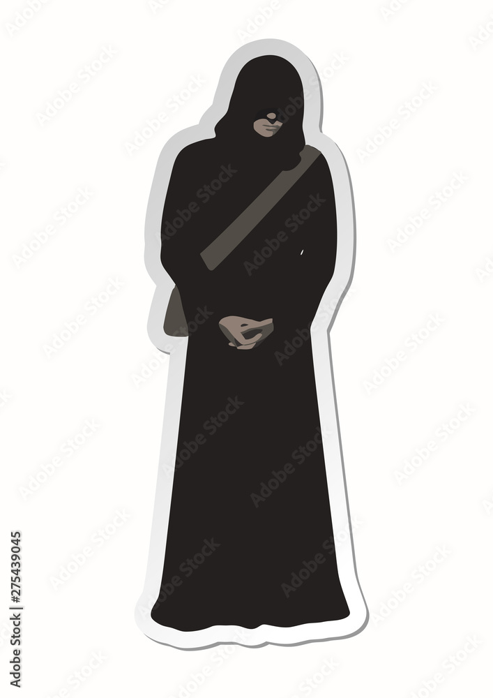 Vector illustration, isolated sticker of man wanderer in the brown poor monk robe with arms crossed, face hidden under a hood and a shoulder   bag on white background