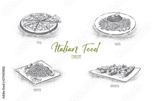 European cuisine, tasty dishes, sliced pizza, pasta, risotto and bruschetta, traditional italian food banner