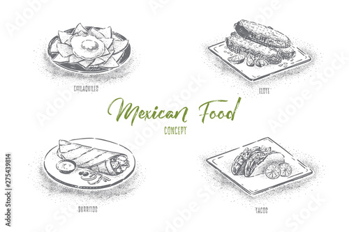 Delicious fastfood, spicy snacks, chilaquiles, elote, burrito and tacos, mexican traditional food banner