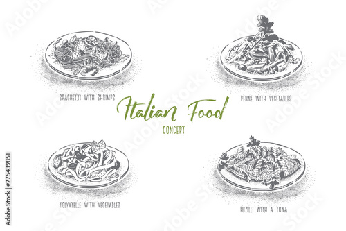 Spaghetti with shrimps, penne and tagliatelle with vegetables, fusilli with tuna, national cuisine banner