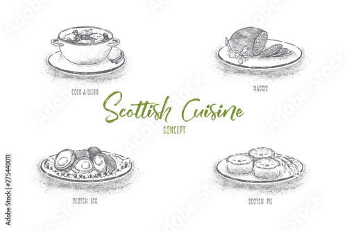 English restaurant menu, cook a leekie, onion soup, haggis, scotch egg and pie, irish food banner