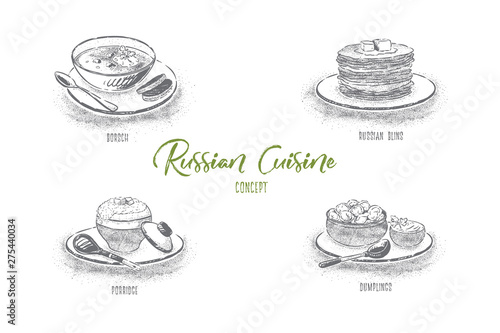 Borsch, pancakes or blinis, porridge, dumplings or vareniki, pelmeni, authentic slavic food banner
