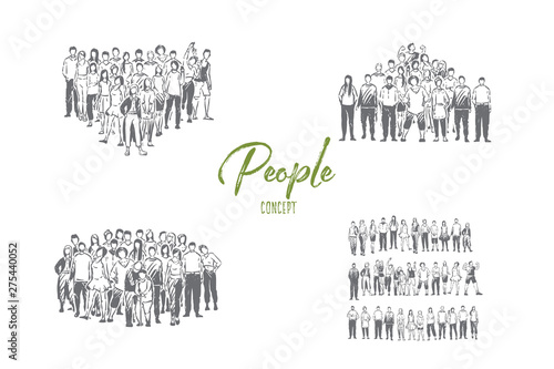 Crowds, young men and women standing together, mass gathering, team cooperation, cohesion and togetherness banner