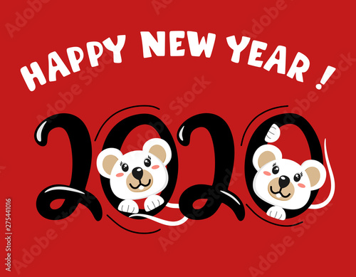 Happy New Year. Year of the white rat. 2020. Cute mouse, the symbol of 2020. Vector illustration. Lettering