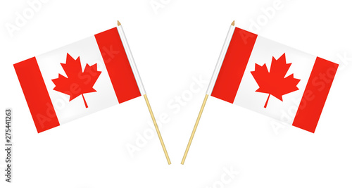 Two Canadian flags isolated on white background, vector illustration. The flag of Canada on pole