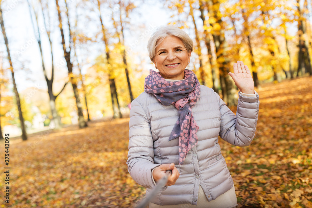 old age, retirement and technology concept - happy senior woman taking picture by selfie stick at autumn park old age, retirement and technology concept - happy senior woman taking picture by selfie stick at autumn park