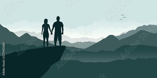 young couple on a cliff enjoy the mountain view vector illustration EPS10