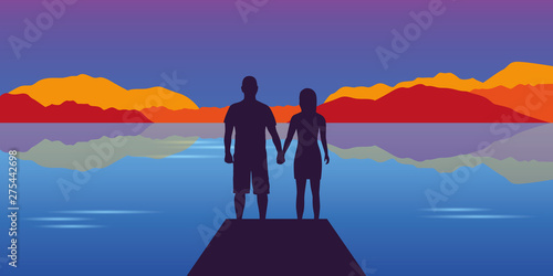 young couple silhouette at beautiful lake and mountain autumn landscape vector illustration EPS10