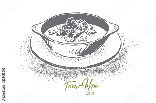 Tom kha kai, traditional thai cuisine, hot sour spicy soup with coconut milk, mushrooms and shrimp, exotic meal