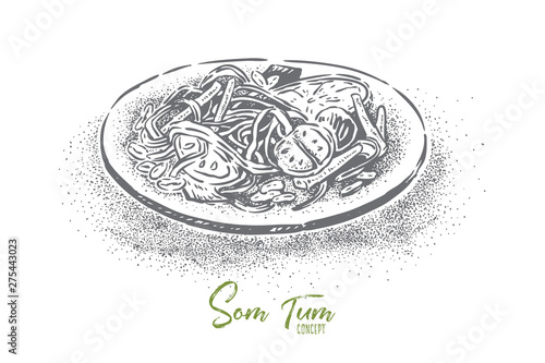 Exotic cooing, traditional thai spicy salad with green papaya, som tam, gourmet meal, vegetable dish