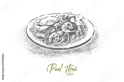 Pad thai, national asian dish, tasty fried rice noodles with fragrant sauce and seafood, oriental cuisine