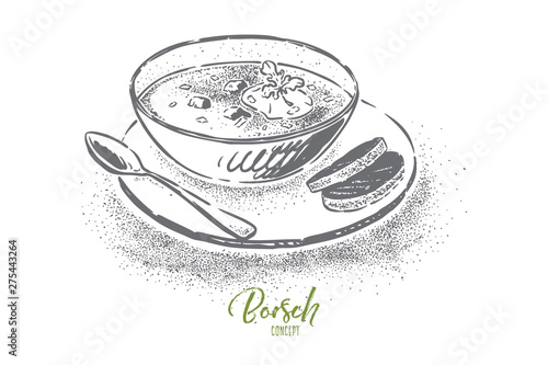 Homemade borscht with sour cream, traditional ukrainian, russian dish, delicious dinner, national slavic cuisine