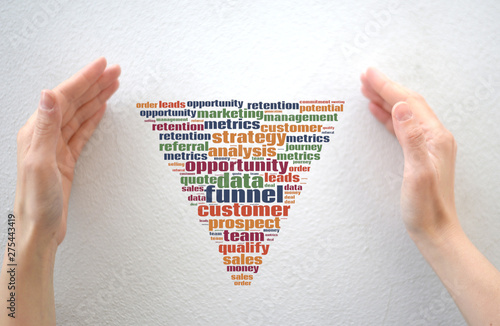 Sales funnel word cloud enclosed between female hands, concepts of digital marketing and sales pipeline